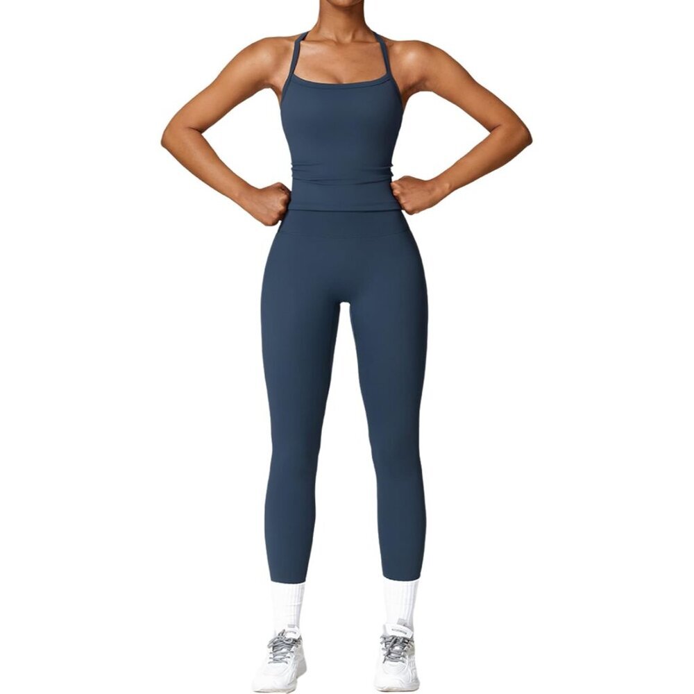 Womens Workout Sets Two Piece Cross Back Tank Top Matching High Waist Leggings S